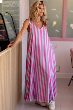 DAMES Poespas Jurken | Snøpskes^Dress Flirty Stripe | Turquoise & pink | Studio
