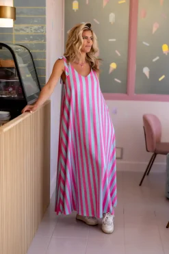 DAMES Poespas Jurken | Snøpskes^Dress Flirty Stripe | Turquoise & pink | Studio